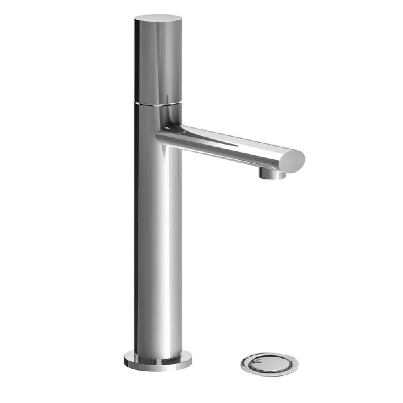 Tall vessel height, single handle luxury lavatory set, plain cylinder handle, with push-down pop-up drain assembly (no lift rod)
