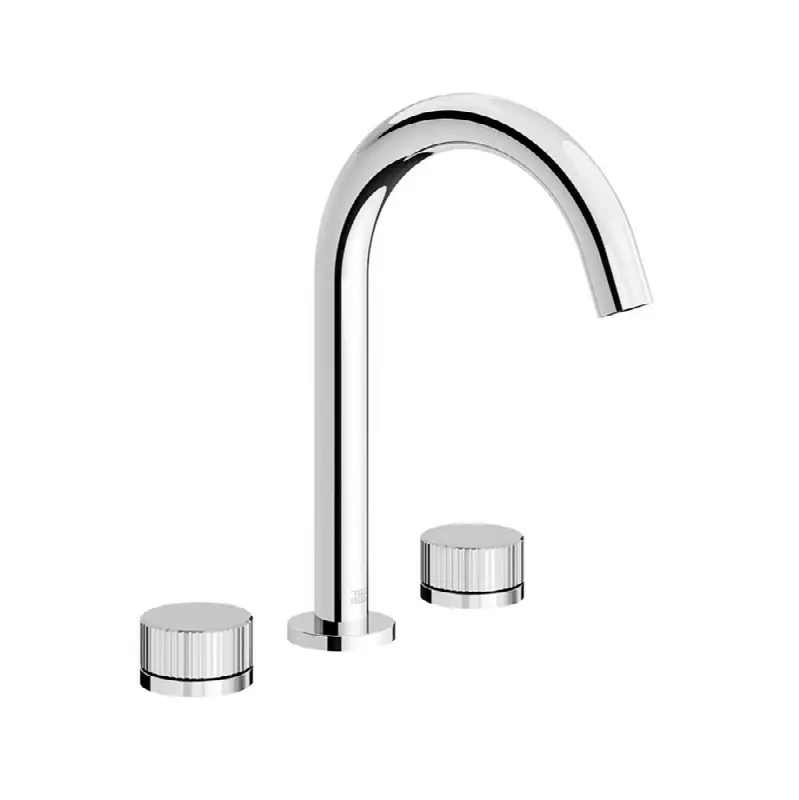 Widespread lavatory faucet, Vertical Lines cylinder handle, with pop-up drain assembly.