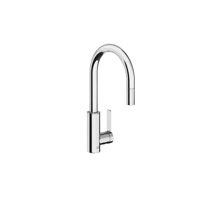 Single handle deck mount kitchen mixer with pullout sprayer. Flexible hose included.