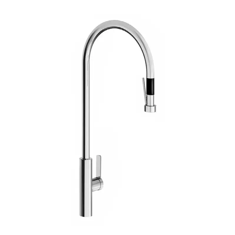 Single handle deck mount kitchen mixer with pullout sprayer. Flexible hose included.