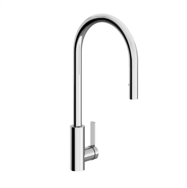 Single handle deck mount kitchen mixer with pullout sprayer. Flexible hose included.