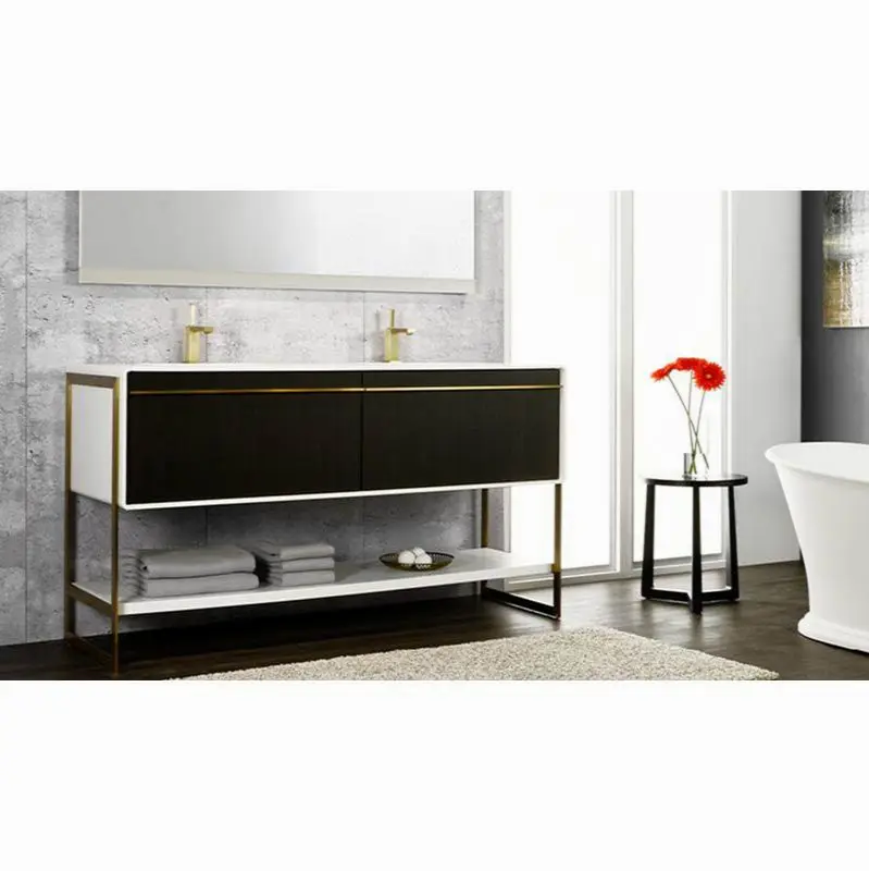 Deco Vanity Floormount 48" - Wll Config Oak Wenge And White Matte Lacquer - Matte Black Metal