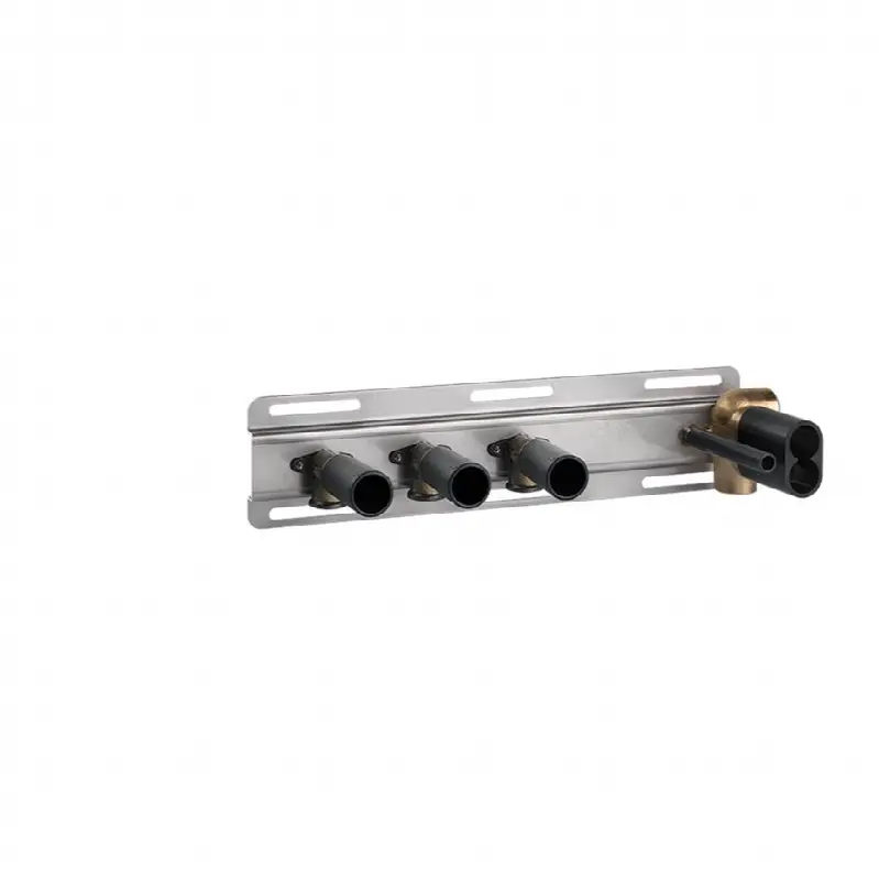 In-wall thermostatic rough valve for shelf mixer for three simultaneous functions.