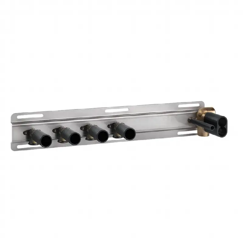 In-wall thermostatic rough valve for shelf mixer for four simultaneous functions.