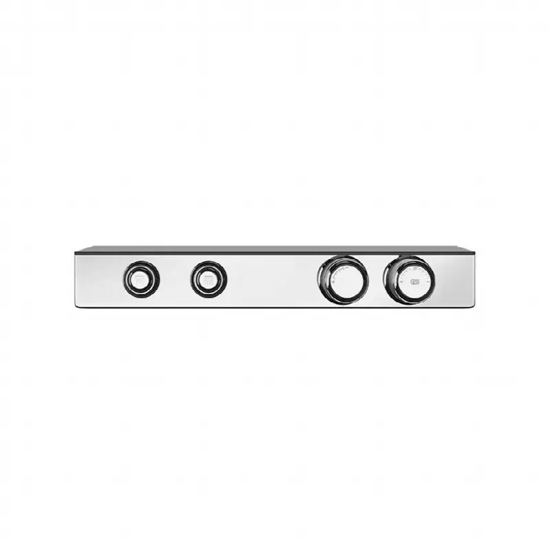 TRIM PARTS ONLY External parts for thermostatic shelf mixer for two simultaneous functions, with push-button on/off controls. Shelf made of black frosted safety glass.