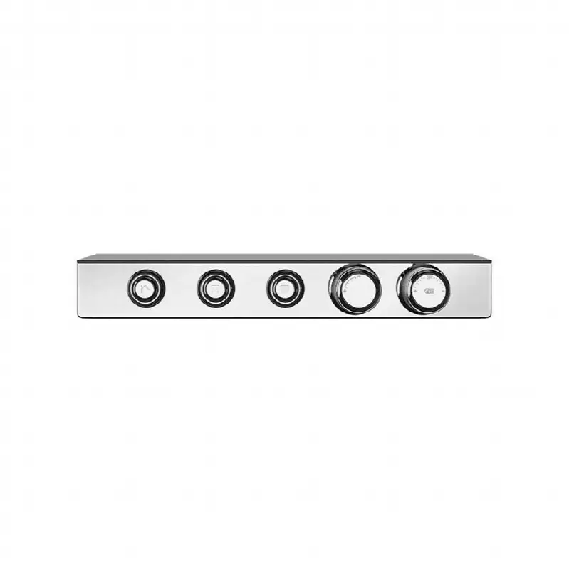 TRIM PARTS ONLY External parts for thermostatic shelf mixer for three simultaneous functions, with push-button on/off controls.Shelf made of black frosted safety glass.