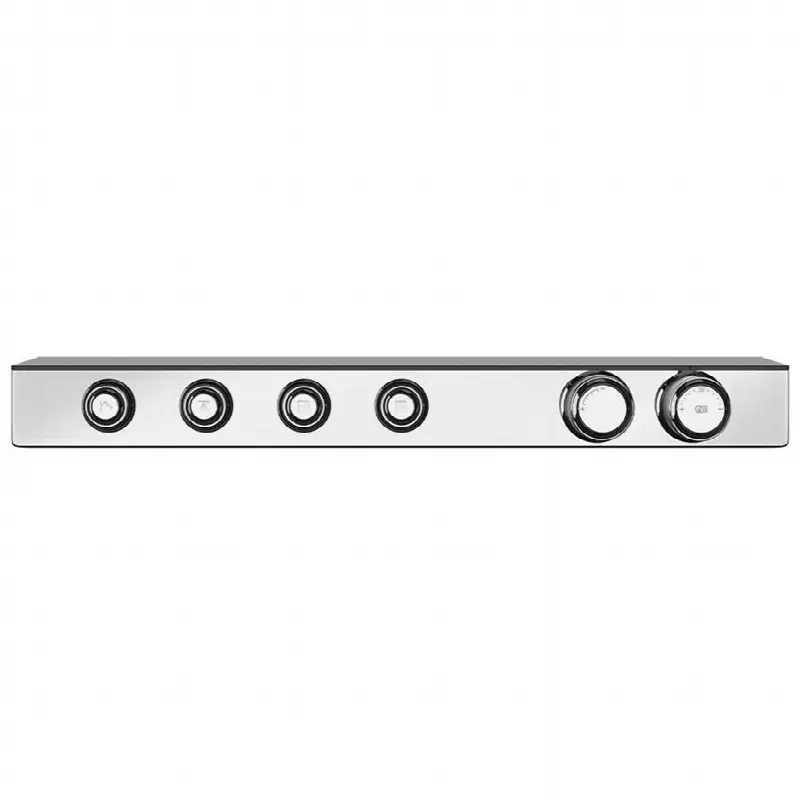 TRIM PARTS ONLY External parts for thermostatic shelf mixer for four simultaneous functions, with push-button on/off controls. Shelf made of black frosted safety glass.
