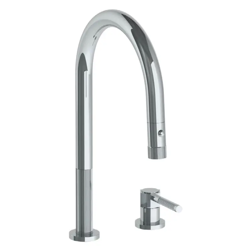 Deck Mounted 2 Hole Gooseneck Kitchen Faucet with Pull Down Spray