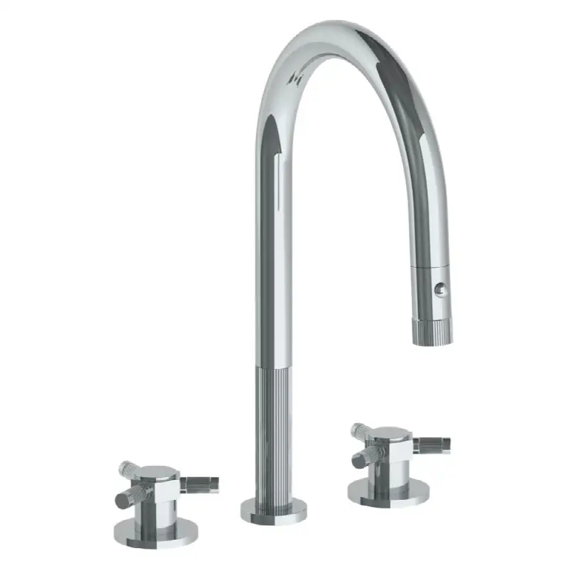 Deck Mounted 3 Hole Gooseneck Kitchen Faucet with Pull Down Spray