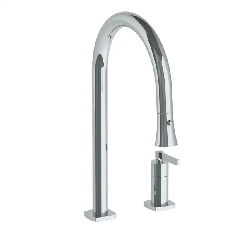 Deck Mounted 2 Hole Gooseneck Kitchen Faucet with Pull Down Spray