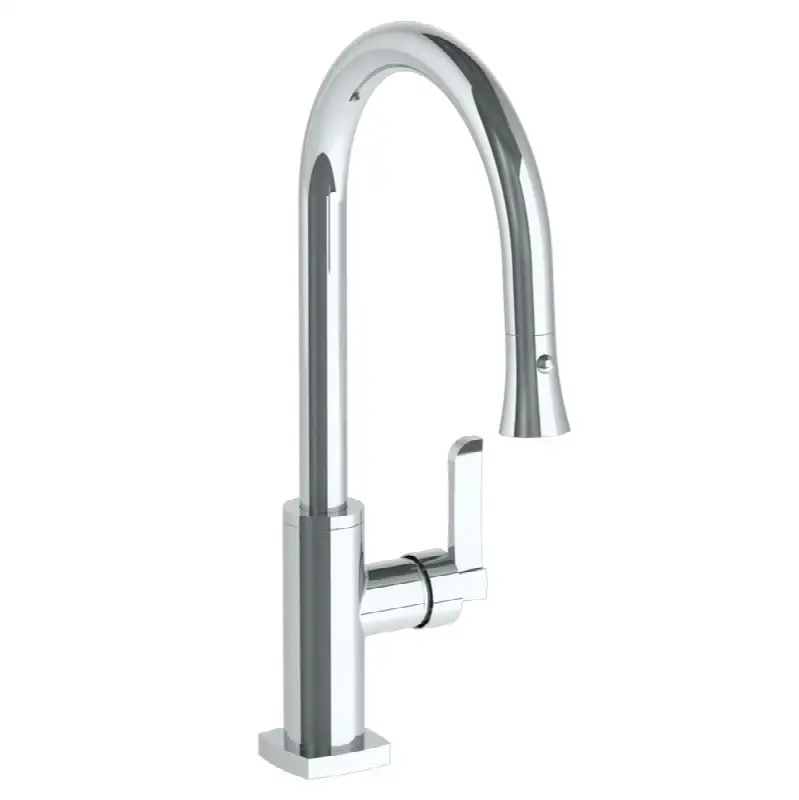 Deck Mounted 1 Hole Gooseneck Kitchen Faucet with Pull Down Spray - High Spout