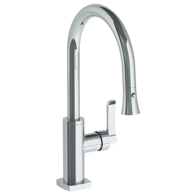 Deck Mounted 1 Hole Gooseneck Kitchen Faucet with Pull Down Spray - Low Spout