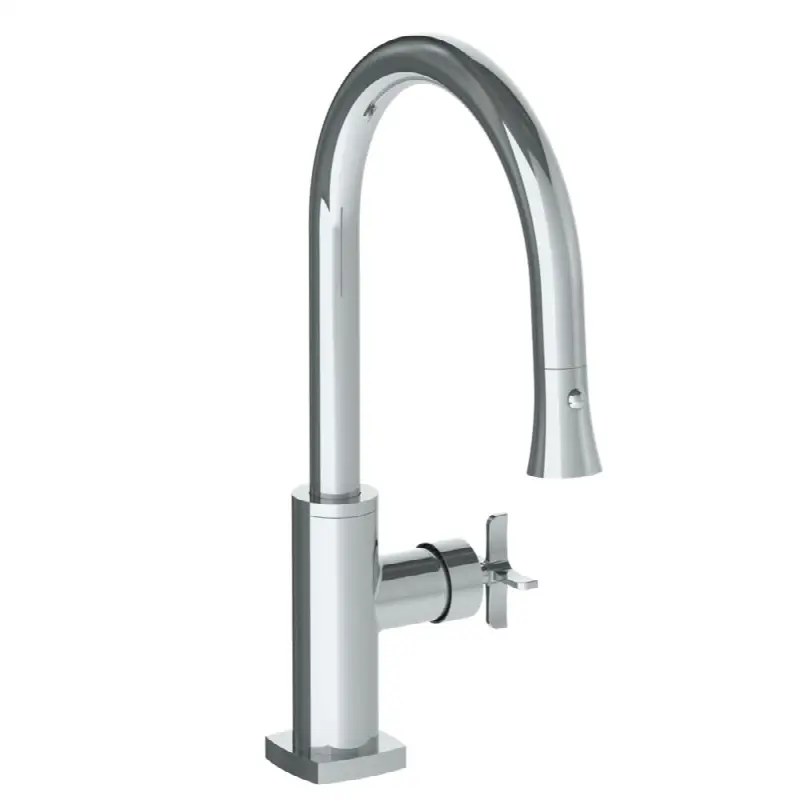 Deck Mounted 1 Hole Gooseneck Kitchen Faucet with Pull Down Spray - Low Spout