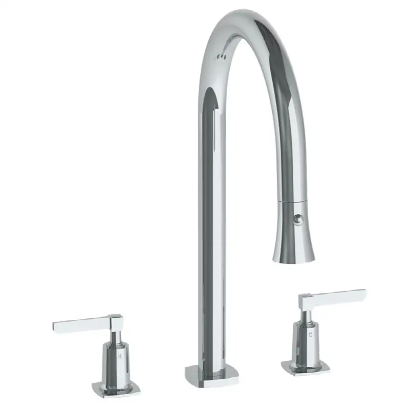 Deck Mounted 3 Hole Gooseneck Kitchen Faucet with Pull Down Spray