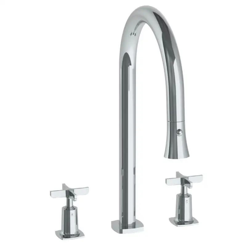 Deck Mounted 3 Hole Gooseneck Kitchen Faucet with Pull Down Spray