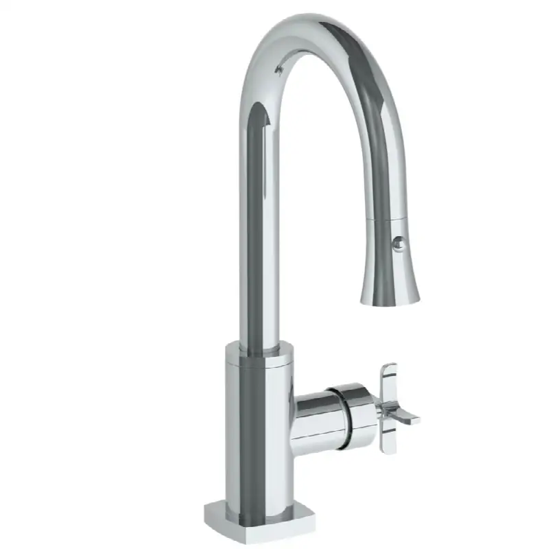 Deck Mounted 1 Hole Gooseneck Prep Faucet with Pull Down Spray