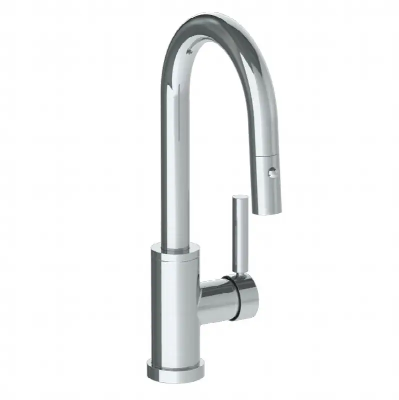 Deck Mounted 1 Hole Gooseneck Prep Faucet with Pull Down Spray