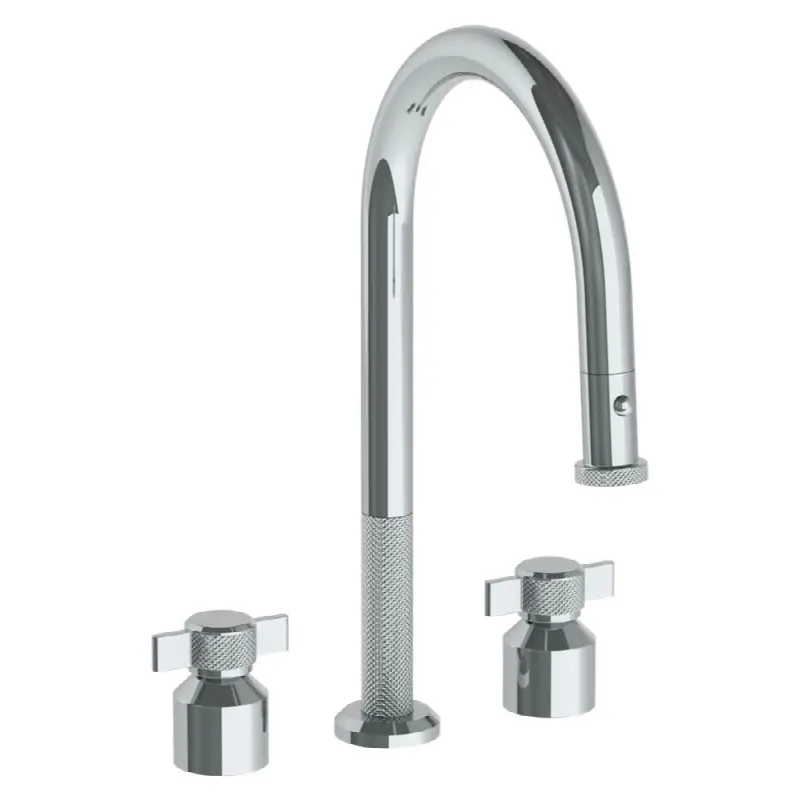 Deck Mounted 3 Hole Gooseneck Kitchen Faucet with Pull Down Spray