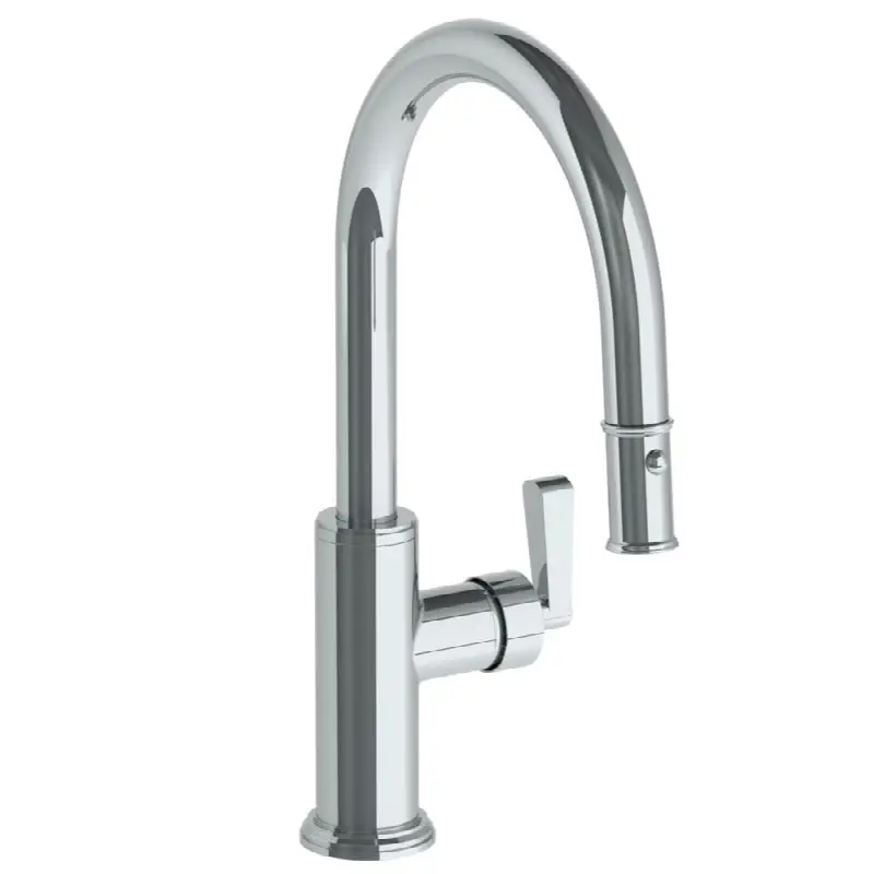 Deck Mounted 1 Hole Gooseneck Kitchen Faucet with Pull Down Spray - Low Spout