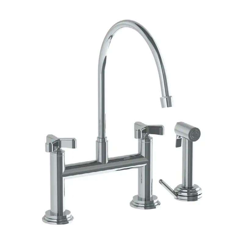 Deck Mounted Bridge Kitchen Faucet with Extended Spout and Independent Side Spray