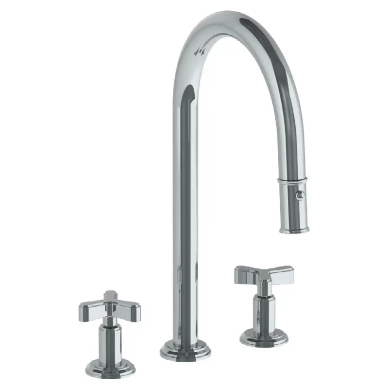Deck Mounted 3 Hole Gooseneck Kitchen Faucet with Pull Down Spray