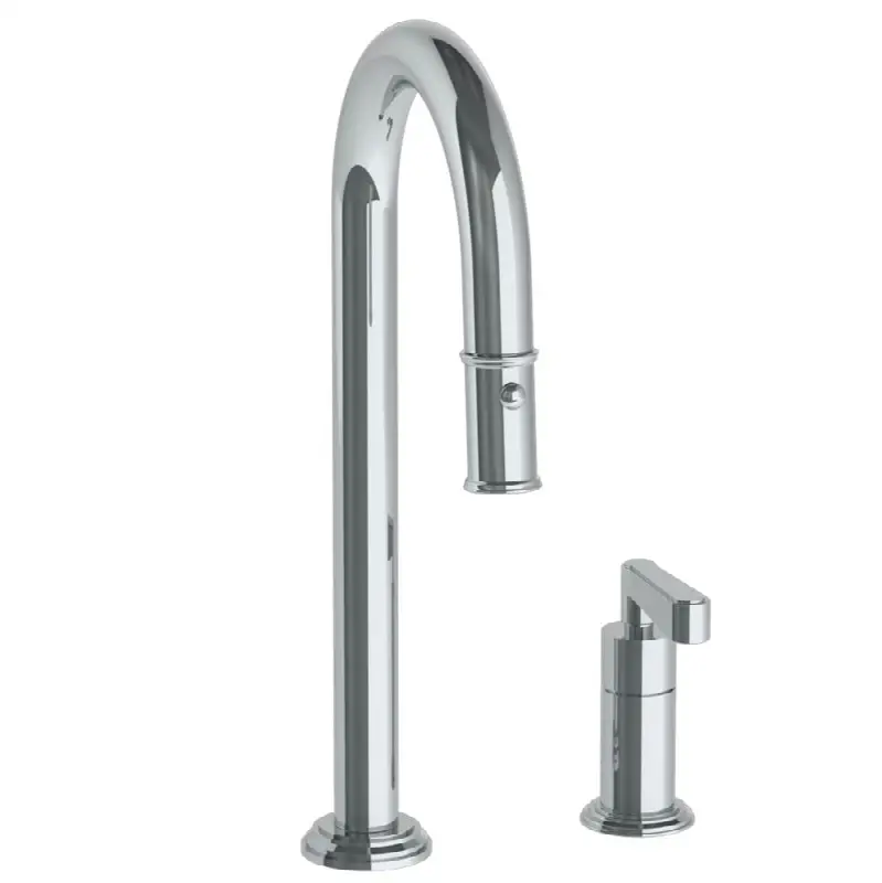 Deck Mounted 2 Hole Gooseneck Prep Faucet with Pull Down Spray