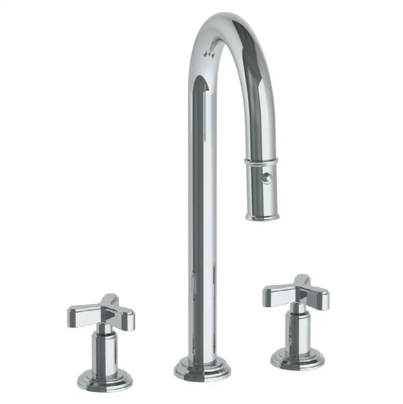 Deck Mounted 3 Hole Gooseneck Prep Faucet with Pull Down Spray