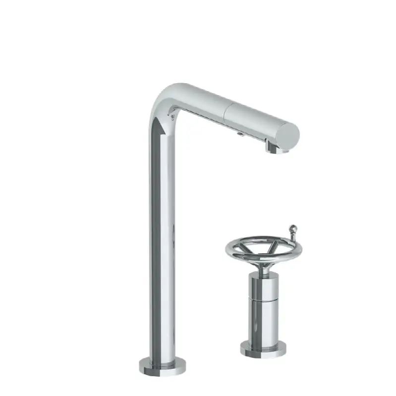 Deck Mounted 2 Hole Square Top Kitchen Faucet with Pull Out Spray