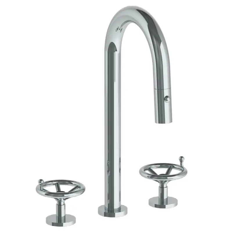 Deck Mounted 3 Hole Gooseneck Prep Faucet with Pull Down Spray