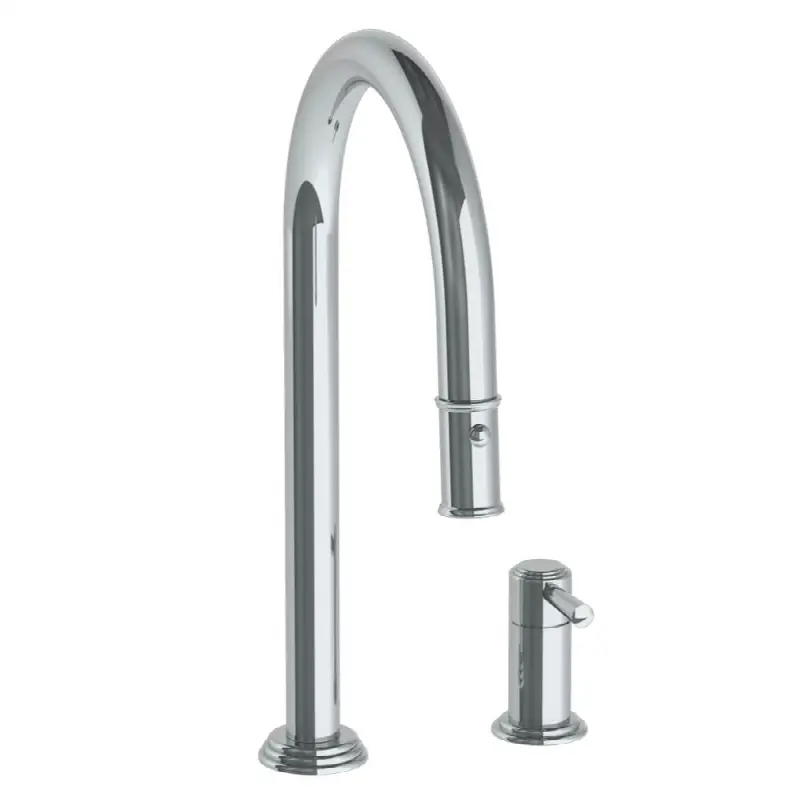 Deck Mounted 2 Hole Gooseneck Kitchen Faucet with Pull Down Spray