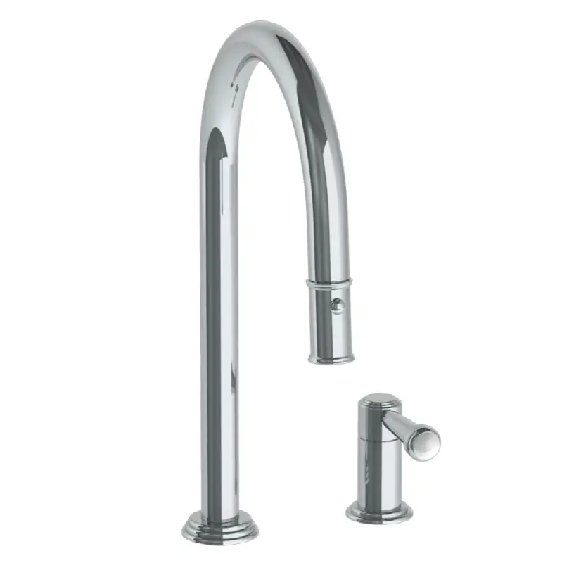Deck Mounted 2 Hole Gooseneck Kitchen Faucet with Pull Down Spray