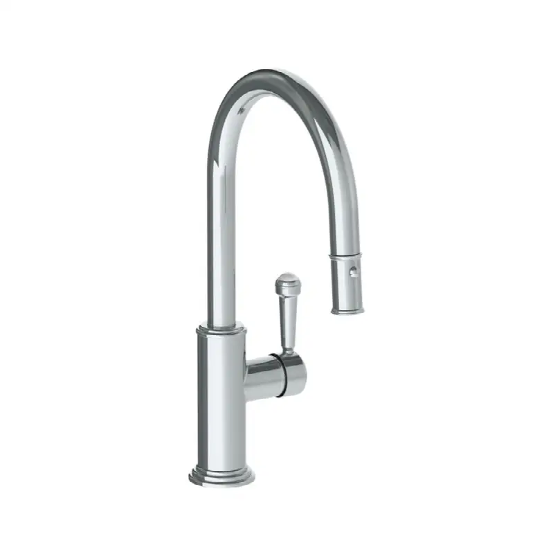 Deck Mounted 1 Hole Gooseneck Kitchen Faucet with Pull Down Spray - Low Spout