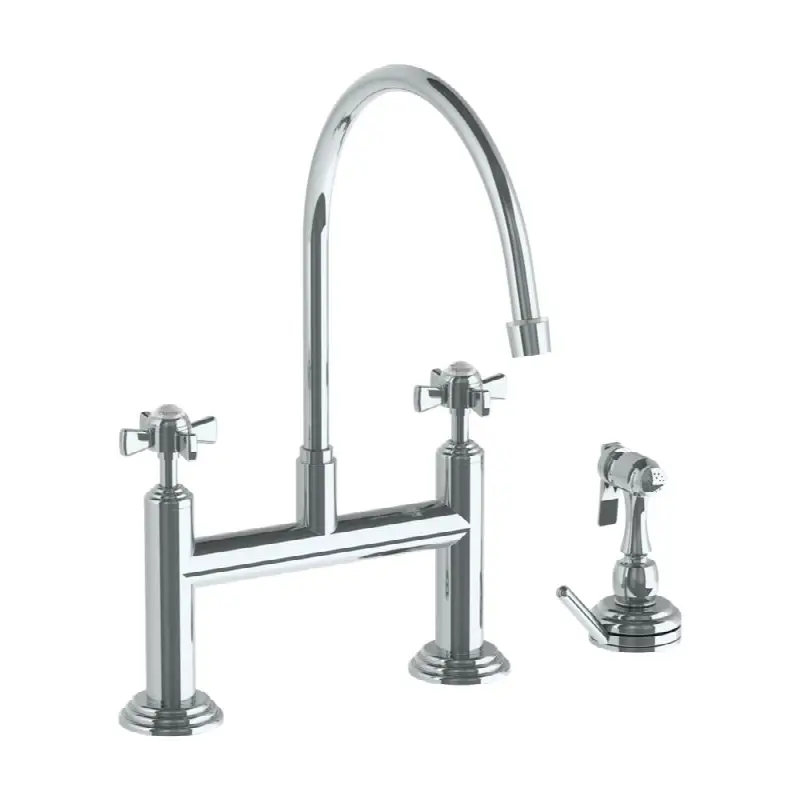 Deck Mounted Bridge Extended Gooseneck Kitchen Faucet with Independent Side Spray