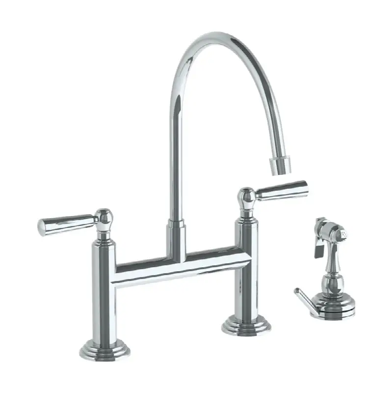 Deck Mounted Bridge Extended Gooseneck Kitchen Faucet with Independent Side Spray