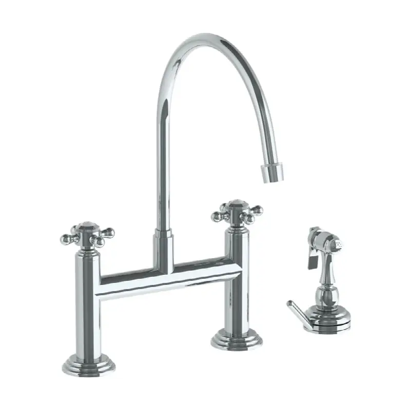 Deck Mounted Bridge Extended Gooseneck Kitchen Faucet with Independent Side Spray