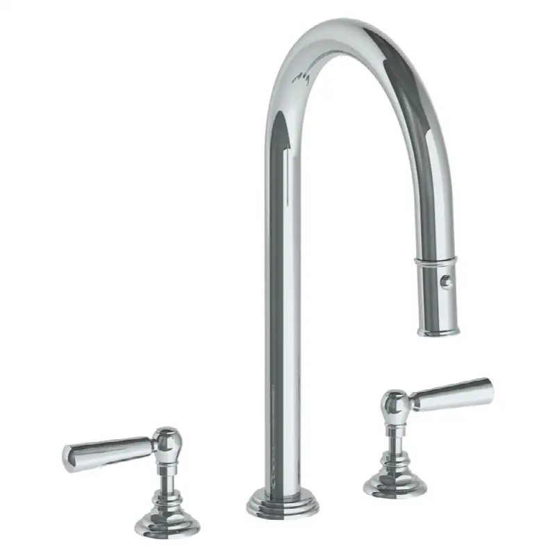 Deck Mounted 3 Hole Gooseneck Kitchen Faucet with Pull Down Spray