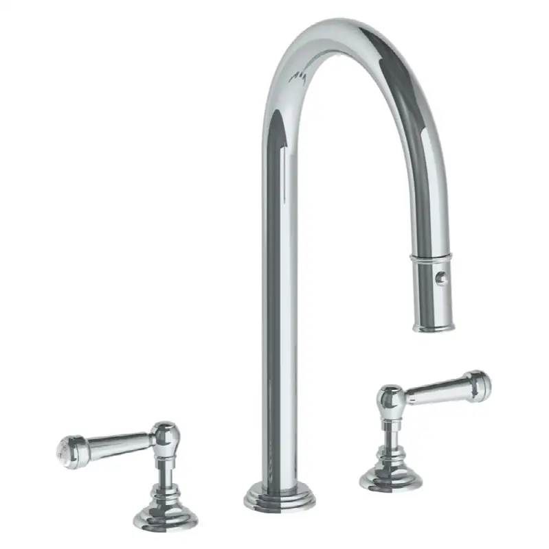 Deck Mounted 3 Hole Gooseneck Kitchen Faucet with Pull Down Spray