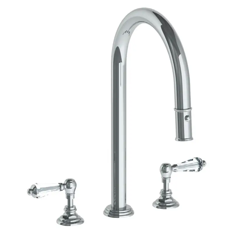 Deck Mounted 3 Hole Gooseneck Kitchen Faucet with Pull Down Spray