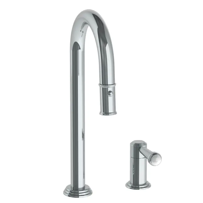 Deck Mounted 2 Hole Gooseneck Prep Faucet with Pull Down Spray