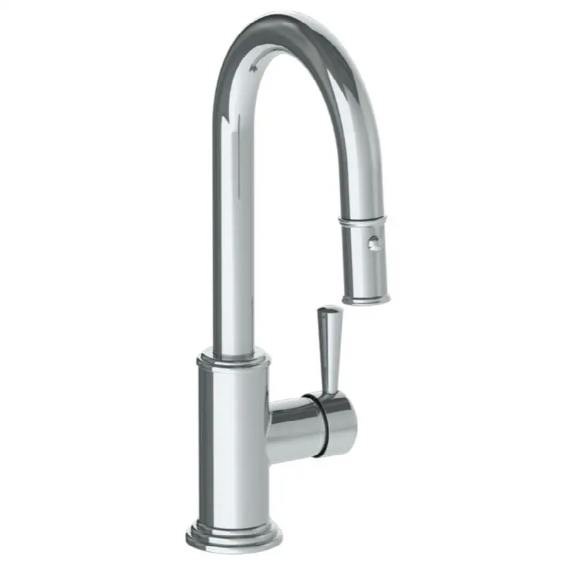 Deck Mounted 1 Hole Gooseneck Prep Faucet with Pull Down Spray