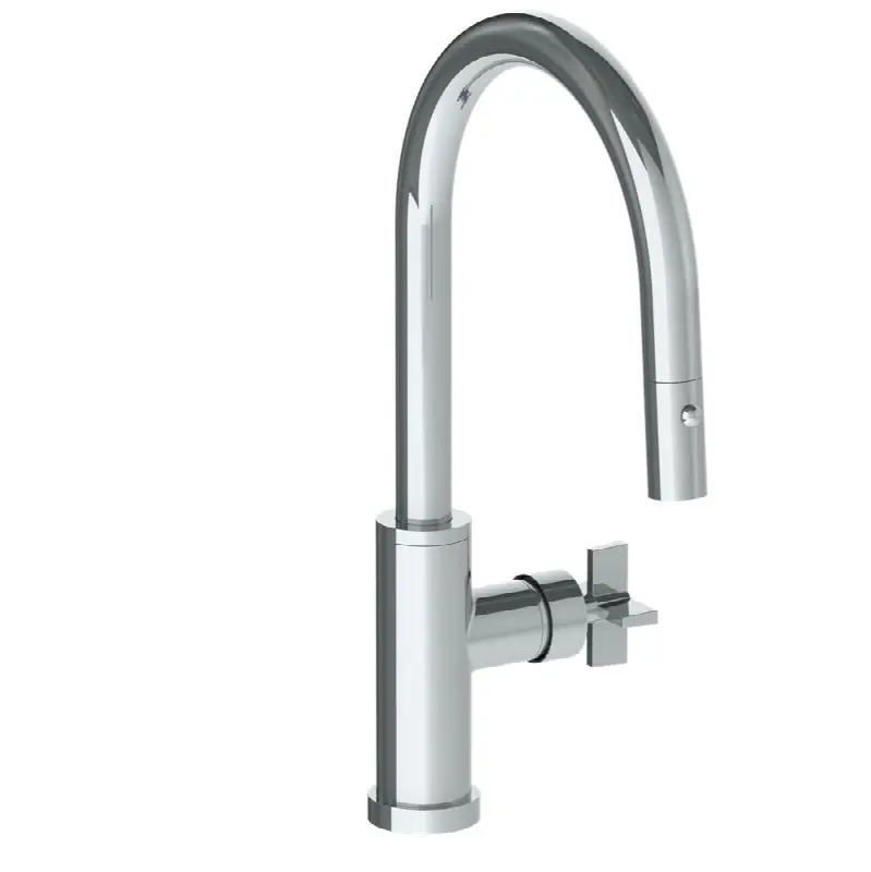 Deck Mounted 1 Hole Gooseneck Kitchen Faucet with Pull Down Spray - Low Spout