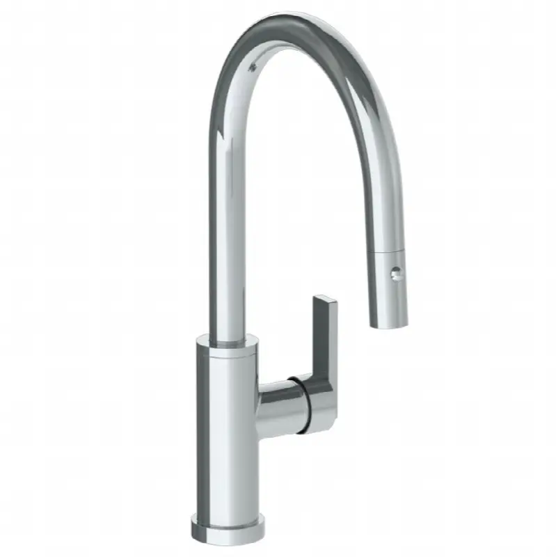 Deck Mounted 1 Hole Gooseneck Kitchen Faucet with Pull Down Spray - Low Spout