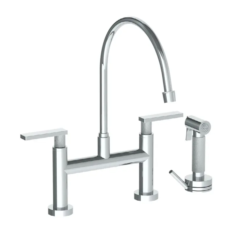 Deck Mounted Bridge Extended Gooseneck Kitchen Faucet with Independent Side Spray