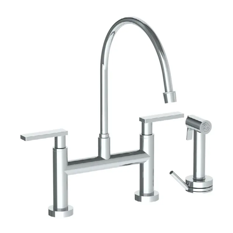 Deck Mounted Bridge Extended Gooseneck Kitchen Faucet with Independent Side Spray