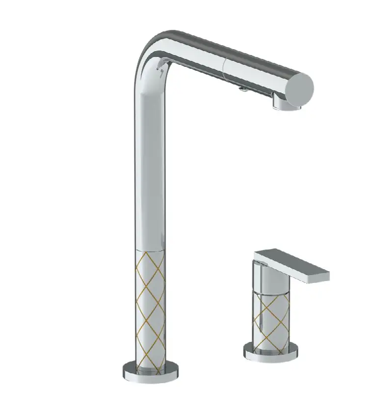 Deck Mounted 2 Hole Square Top Kitchen Faucet with Pull Out Spray