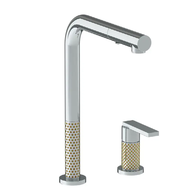 Deck Mounted 2 Hole Square Top Kitchen Faucet with Pull Out Spray