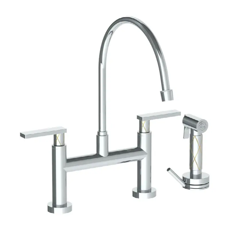 Deck Mounted Bridge Extended Gooseneck Kitchen Faucet with Independent Side Spray