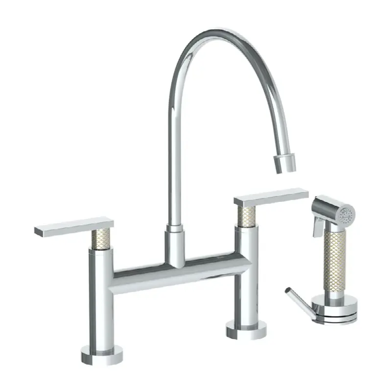 Deck Mounted Bridge Extended Gooseneck Kitchen Faucet with Independent Side Spray