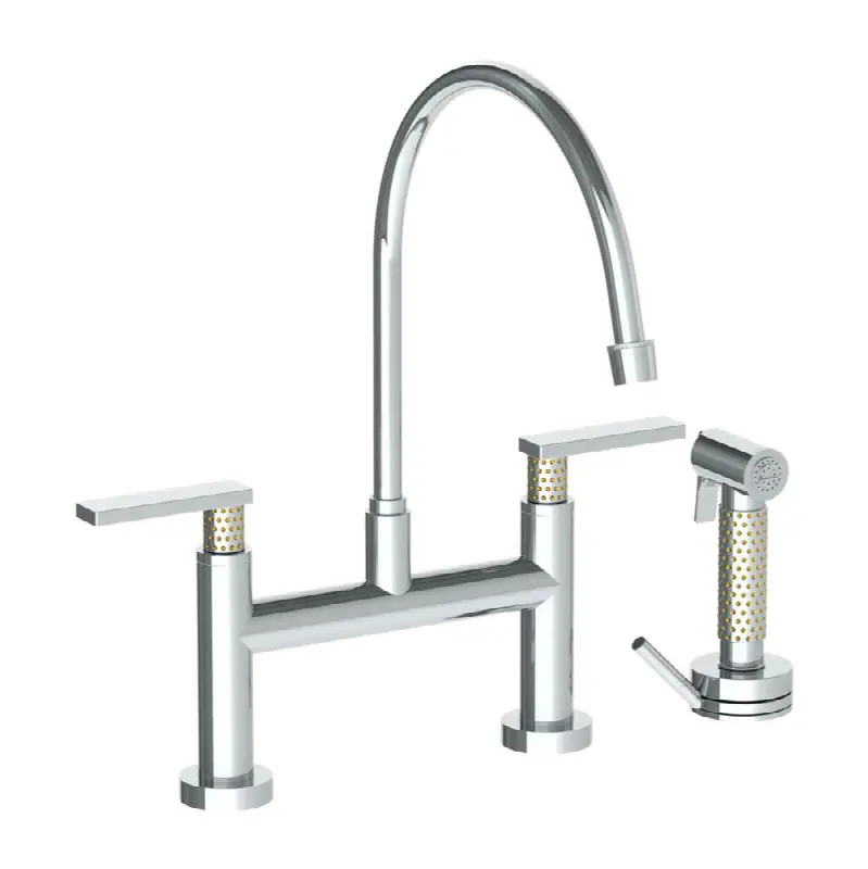 Deck Mounted Bridge Extended Gooseneck Kitchen Faucet with Independent Side Spray
