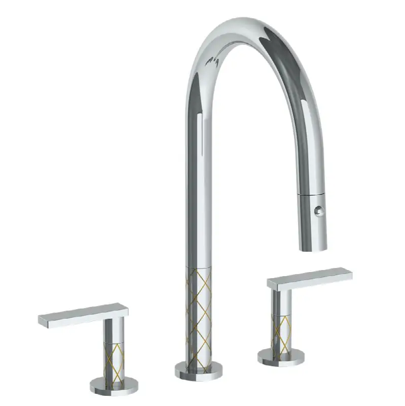 Deck Mounted 3 Hole Gooseneck Kitchen Faucet with Pull Down Spray
